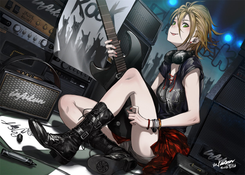 1girl :p \m/ amplifier black_boots boots brown_hair cross-laced_footwear dutch_angle electric_guitar green_eyes guitar headphones headphones_around_neck idolmaster idolmaster_cinderella_girls infukun instrument kimura_natsuki lace-up_boots marker poster poster_(object) short_hair shorts smile solo speaker tongue tongue_out