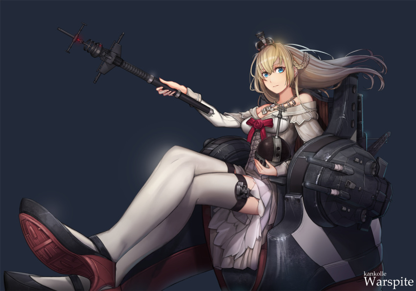 1girl bangosu blonde_hair blue_eyes braid character_name crown dress floating_hair french_braid garter_straps globus_cruciger hairband jewelry kantai_collection long_hair long_sleeves mini_crown necklace scepter sitting solo thigh-highs throne warspite_(kantai_collection) white_dress