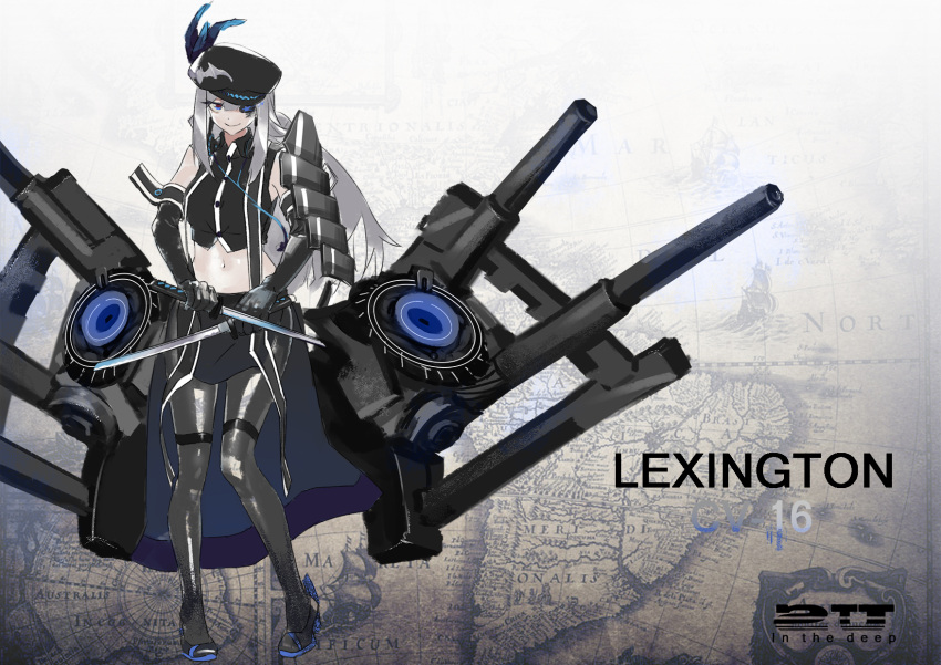 1girl armor black_gloves black_hat black_legwear black_shoes black_vest blue_eyes broken broken_sword broken_weapon buttons character_name closed_mouth dark_persona dual_wielding elbow_gloves feathers full_body gloves hat headphones headphones_around_neck highres katana lexington_(zhan_jian_shao_nyu) liyou-ryon long_hair looking_at_viewer machinery midriff navel one_eye_covered open_mouth pantyhose pelvic_curtain pigeon-toed rudder_shoes shinkaisei-kan shoes shoulder_armor silver_hair smile solo standing sword text thigh_strap vest weapon zhan_jian_shao_nyu
