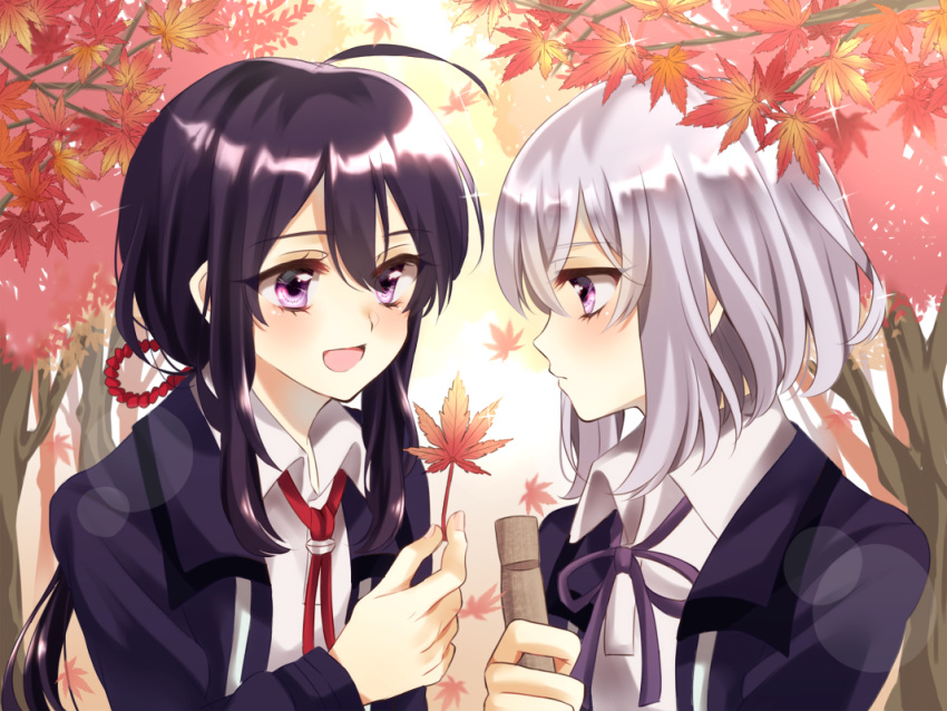 2boys :d ahoge autumn_leaves black_hair blush closed_eyes collared_shirt face-to-face from_side holding_leaf honebami_toushirou kanon_(ikamiso) leaf long_hair long_sleeves looking_at_another low_ponytail male_focus maple_leaf multiple_boys namazuo_toushirou neck_ribbon open_mouth profile purple_ribbon red_ribbon ribbon rope shirt short_hair silver_hair smile touken_ranbu uniform upper_body violet_eyes white_shirt
