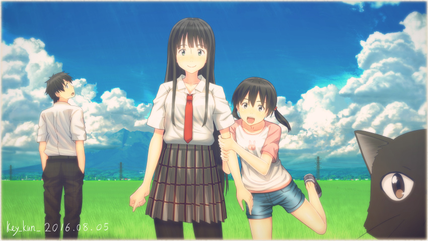 1boy 2016 2girls :d absurdres artist_name back bangs belt black_cat black_eyes black_hair black_legwear blue_eyes blue_sky blush breasts brother_and_sister brown_eyes bunny_print cat chito_(flying_witch) clouds cloudy_sky collarbone commentary_request cousins dated day flying_witch grass green_eyes hair_bobbles hair_ornament hands_in_pockets highres key_kun kowata_makoto kuramoto_chinatsu kuramoto_kei landscape leg_up long_hair looking_at_viewer looking_back medium_breasts mountain multiple_girls nature necktie open_mouth outdoors pants pantyhose peeking_out red_necktie scenery school_uniform shirt shoes short_hair short_sleeves siblings skirt sky smile sneakers tennis_shoes twintails white_shirt