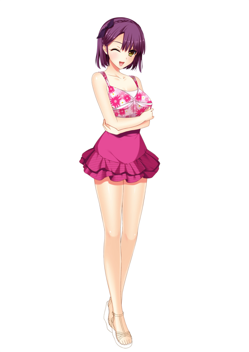 1girl bare_shoulders breasts crossed_arms dress full_body hairband highres hoshi_ori_yume_mirai koizumi_amane looking_at_viewer one_eye_closed open_mouth purple_hair sandals short_dress short_hair simple_background smile solo standing transparent_background yellow_eyes