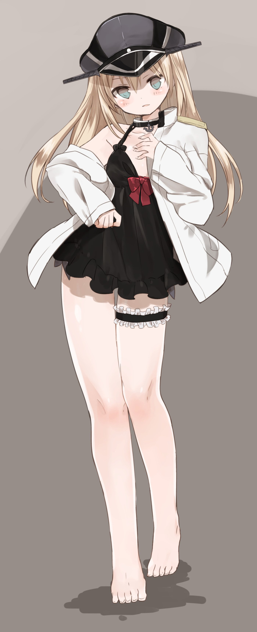 1girl absurdres barefoot bismarck_(kantai_collection) blonde_hair blue_eyes blush breasts collar collarbone full_body grey_background hair_between_eyes hat highres jacket kantai_collection leg_garter lingerie long_hair looking_at_viewer medium_breasts murakami_meishi negligee off_shoulder open_clothes open_jacket parted_lips peaked_cap sleeves_past_wrists solo standing underwear white_jacket