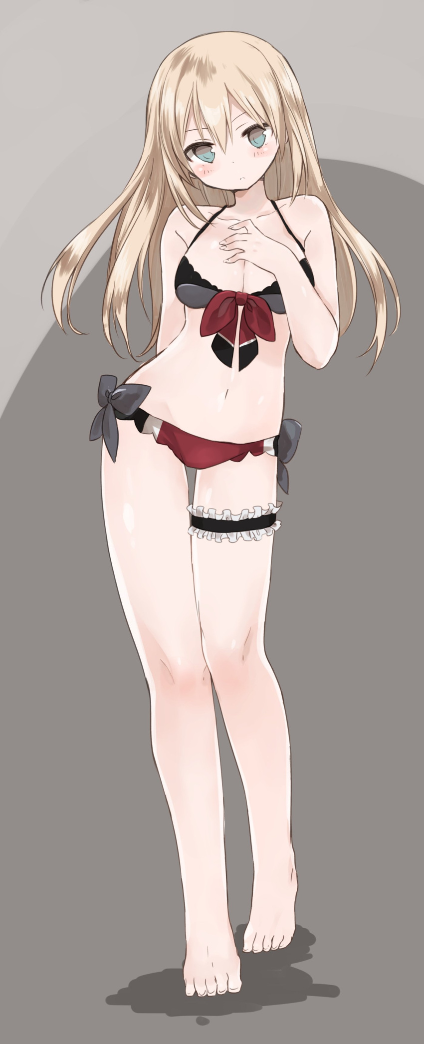1girl absurdres barefoot bikini bismarck_(kantai_collection) black_bow blonde_hair blue_eyes blush bow breasts cleavage closed_mouth collarbone contrapposto front-tie_top frown full_body grey_background hair_between_eyes hand_on_own_chest highres kantai_collection leg_garter long_hair looking_at_viewer medium_breasts murakami_meishi navel solo standing swimsuit