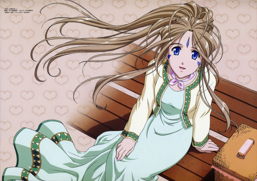 aa_megami-sama belldandy bench blue_eyes bracelet brown_hair coat facial_mark flowing_dress forehead_mark from_above green_dress heart heart_background jewelry lime_colored_jacket long_hair long_sleeves looking_at_viewer official_alternate_costume official_art picnic_basket ponytail sitting smile solo