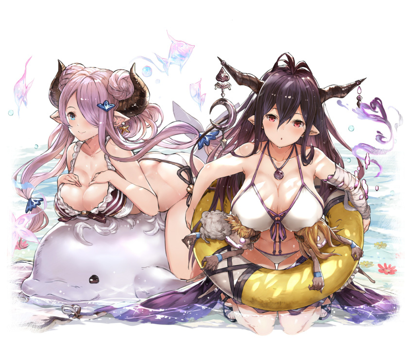 1girl 2girls :o antenna_hair ass bandage bandaged_arm bare_shoulders bikini black_hair blue_eyes blush breast_rest breasts cleavage collarbone danua doll dolphin doraf earrings flower front-tie_bikini front-tie_top granblue_fantasy hair_between_eyes hair_ornament hair_over_one_eye highres horn_ornament horns innertube jewelry kneeling large_breasts lavender_hair leaning_forward long_hair looking_at_viewer lying multiple_girls narumeia_(granblue_fantasy) navel necklace on_stomach open_mouth partially_submerged pointy_ears purple_hair red_eyes sandals smile swimsuit tokopi water white_bikini