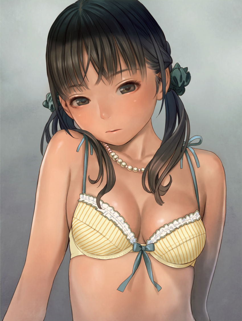 1girl bare_shoulders black_eyes black_hair bow bow_bra bra breasts brown_eyes brown_hair cleavage futuregraph head_tilt highres jewelry long_hair looking_at_viewer murata_renji necklace pearl_necklace small_breasts solo striped twintails underwear upper_body vertical-striped_bra vertical_stripes yellow_bra