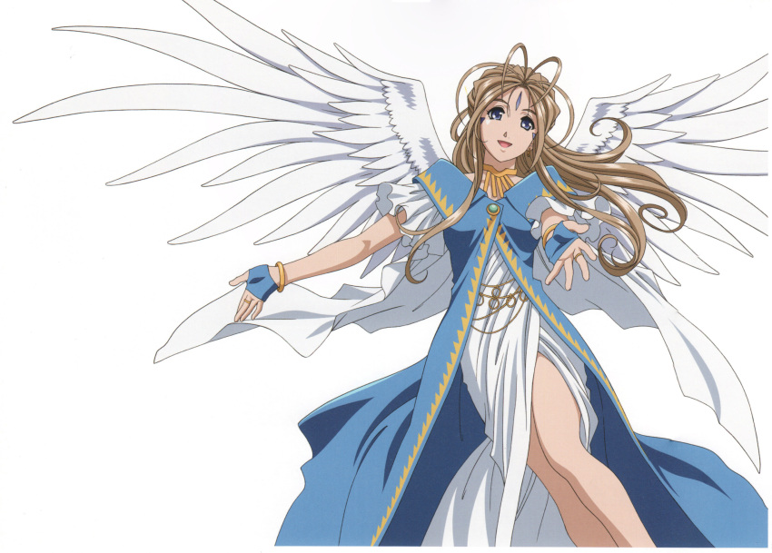 1girl aa_megami-sama angel angel_wings belldandy blue_eyes brown_hair dress facial_mark feathered_wings fingerless_gloves forehead_mark gloves jewelry large_wings long_hair multiple_wings outstretched_arms outstretched_hand simple_background single_wing solo spread_wings white_background white_wings wings