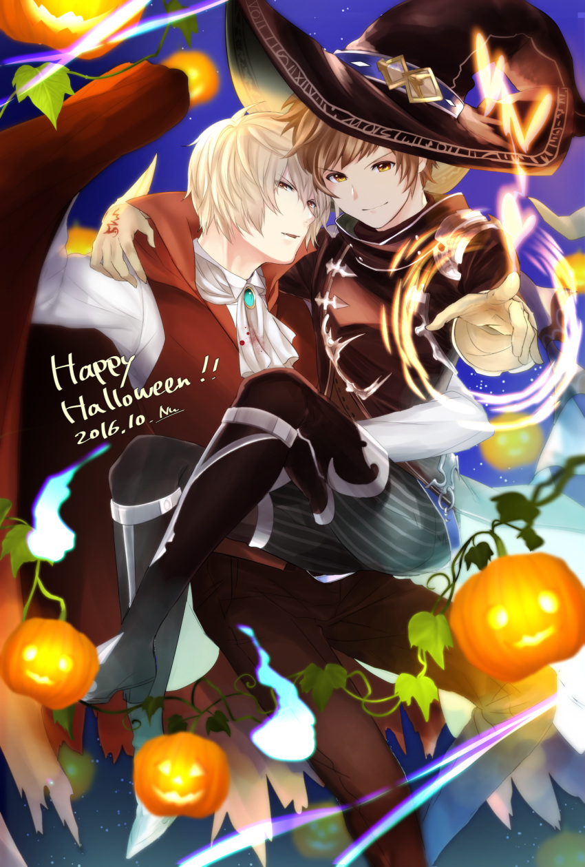 2016 2boys albert_(shingeki_no_bahamut) alternate_costume arm_around_neck blonde_hair boots brown_eyes brown_hair cravat dated fang gloves gran_(granblue_fantasy) granblue_fantasy halloween_costume hat highres knee_boots male_focus multiple_boys nuu_(liebe_sk) parted_lips plant pumpkin red_eyes shingeki_no_bahamut vampire vines warlock_(granblue_fantasy) witch_hat