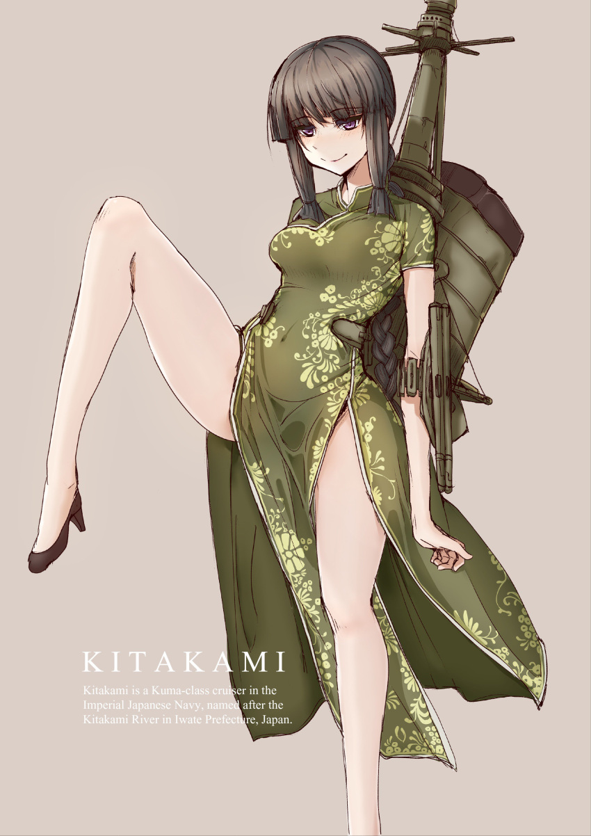 1girl absurdres arm_strap bangs beige_background black_hair blunt_bangs breasts brown_eyes china_dress chinese_clothes commentary_request dress english eyebrows eyebrows_visible_through_hair floral_print fuu__taro high_heels highres kantai_collection kitakami_(kantai_collection) knee_up medium_breasts rigging short_sleeves side_slit sidelocks sketch smile tight_dress