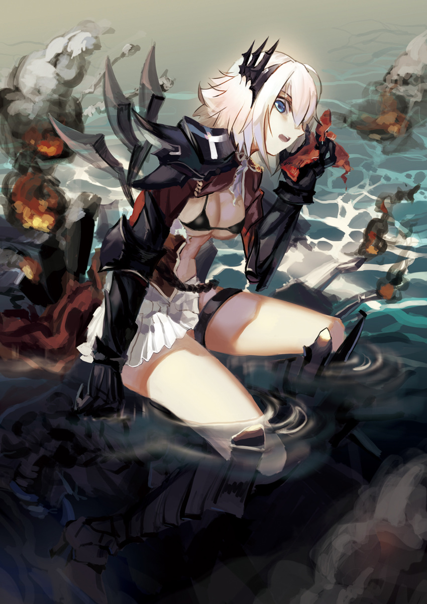1girl armor armored_boots bikini black_bikini black_bikini_top blonde_hair blue_eyes boots breasts cleavage dark_persona fire full_body gauntlets headgear high_heels highres jacket liyou-ryon looking_at_viewer looking_to_the_side military_jacket open_clothes open_jacket open_mouth pleated_skirt prince_of_wales_(zhan_jian_shao_nyu) red_jacket shinkaisei-kan sitting skirt smoke solo swimsuit thigh_strap water white_skirt zhan_jian_shao_nyu