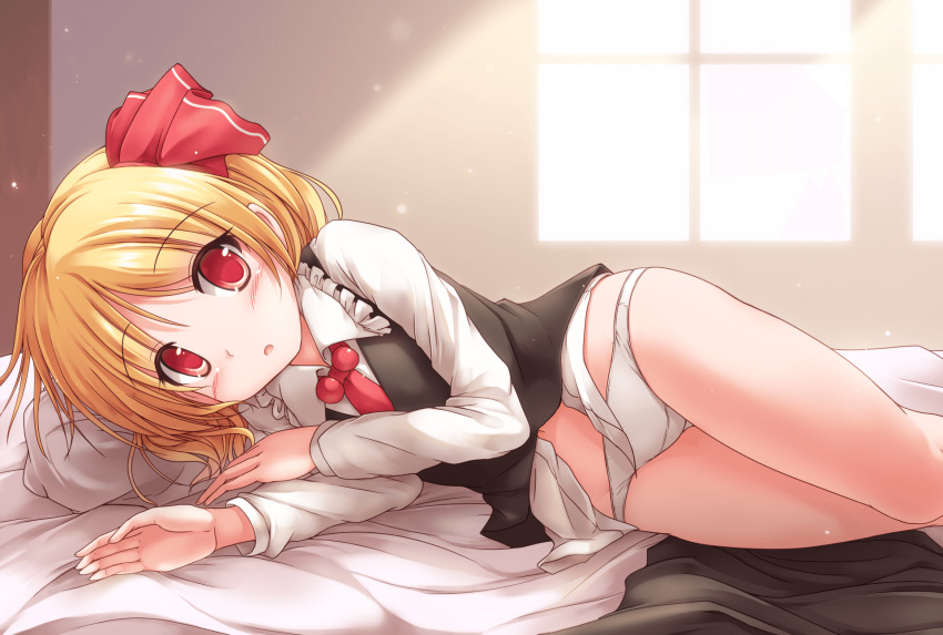 1girl ascot blonde_hair blush hair_ribbon highres long_sleeves looking_at_viewer lying lzh necktie no_pants on_side open_mouth panties pillow red_eyes red_necktie red_ribbon ribbon rumia shirt skirt skirt_removed solo touhou underwear vest white_panties