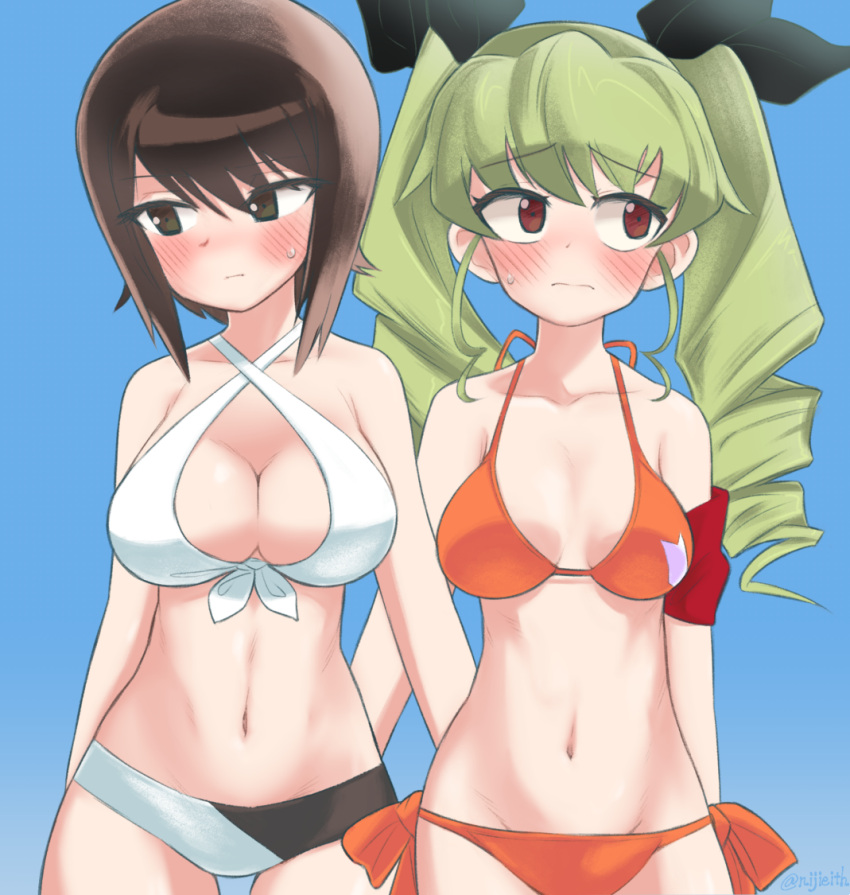 2girls alternate_costume anchovy arms_at_sides bare_shoulders bikini black_ribbon blush breasts brown_eyes brown_hair cleavage cleavage_cutout cowboy_shot drill_hair front-tie_top girls_und_panzer green_hair groin hair_between_eyes hair_ribbon halter_top halterneck long_hair looking_down looking_up lowleg lowleg_bikini medium_breasts midriff multiple_girls navel nishizumi_maho njieith orange_bikini red_eyes ribbon short_hair swimsuit twin_drills twintails white_bikini