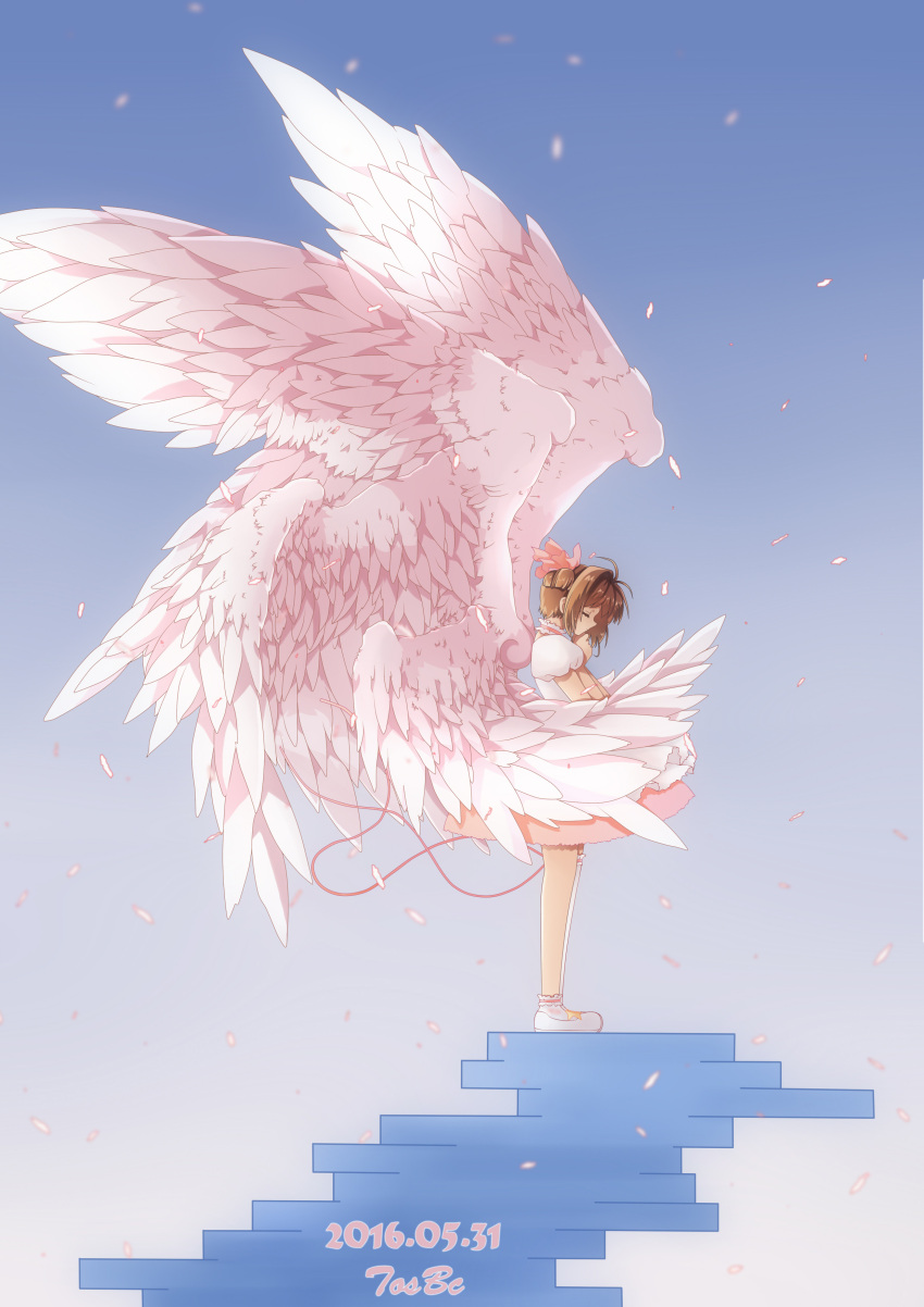1girl 2016 absurdres antenna_hair artist_name brown_hair card_captor_sakura closed_eyes dated dress feathered_wings from_side gradient gradient_background hair_ribbon hands_together highres kinomoto_sakura large_wings lavender_background multiple_wings petals pink_ribbon pink_wings ribbon shoes short_hair solo stairs standing white_shoes white_wings wings yibu_(kuroneko0622)