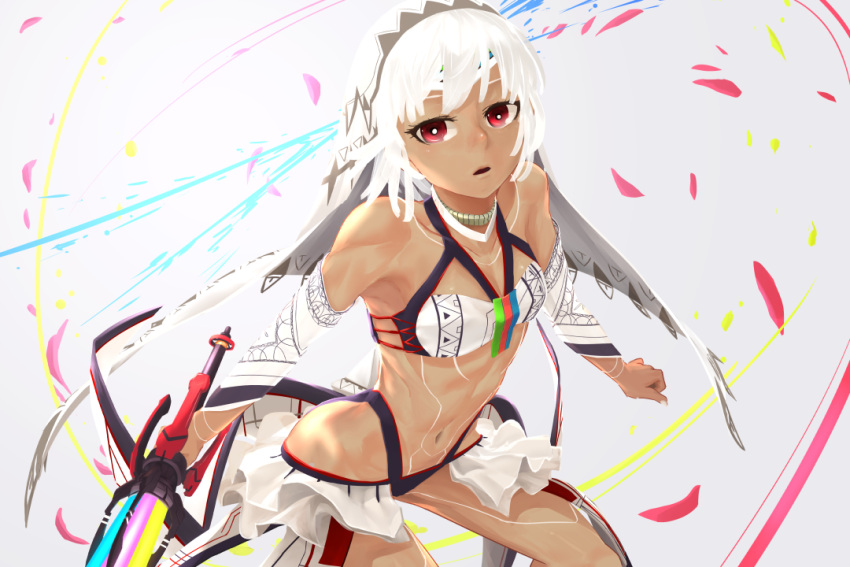 1girl attila_(fate/grand_order) bare_shoulders dark_skin detached_sleeves fate/grand_order fate_(series) full_body_tattoo holding holding_sword holding_weapon i-pan looking_at_viewer midriff navel red_eyes short_hair solo sword tattoo veil weapon white_hair