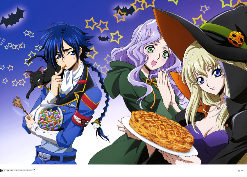 1boy 2girls absurdres anna_clement black_cat blonde_hair blue_eyes blue_hair braid breasts candy cat cleavage code_geass:_boukoku_no_akito eating green_eyes halloween hands_together hat highres hyuuga_akito jelly_bean leila_(code_geass) long_hair multiple_girls open_mouth pie purple_hair smile strapless uniform witch_hat