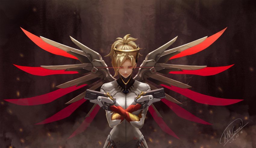 1girl 2016 absurdres alternate_eye_color blonde_hair bodysuit breasts brown_background crossed_arms dark_background dark_persona dated dual_wielding embers glowing glowing_eyes gun handgun highres looking_at_viewer mechanical_halo mechanical_wings medium_breasts mercy_(overwatch) overwatch pistol ponytail red_eyes red_wings shou_mai signature solo spread_wings upper_body weapon wings