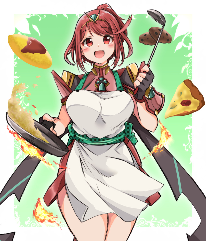 1girl alternate_costume apron breasts cooking frying_pan gem hair_ornament headpiece highres jewelry kurokaze_no_sora large_breasts open_mouth ponytail pyra_(xenoblade) red_eyes redhead short_hair short_ponytail smile solo thighs tiara xenoblade_chronicles_(series) xenoblade_chronicles_2