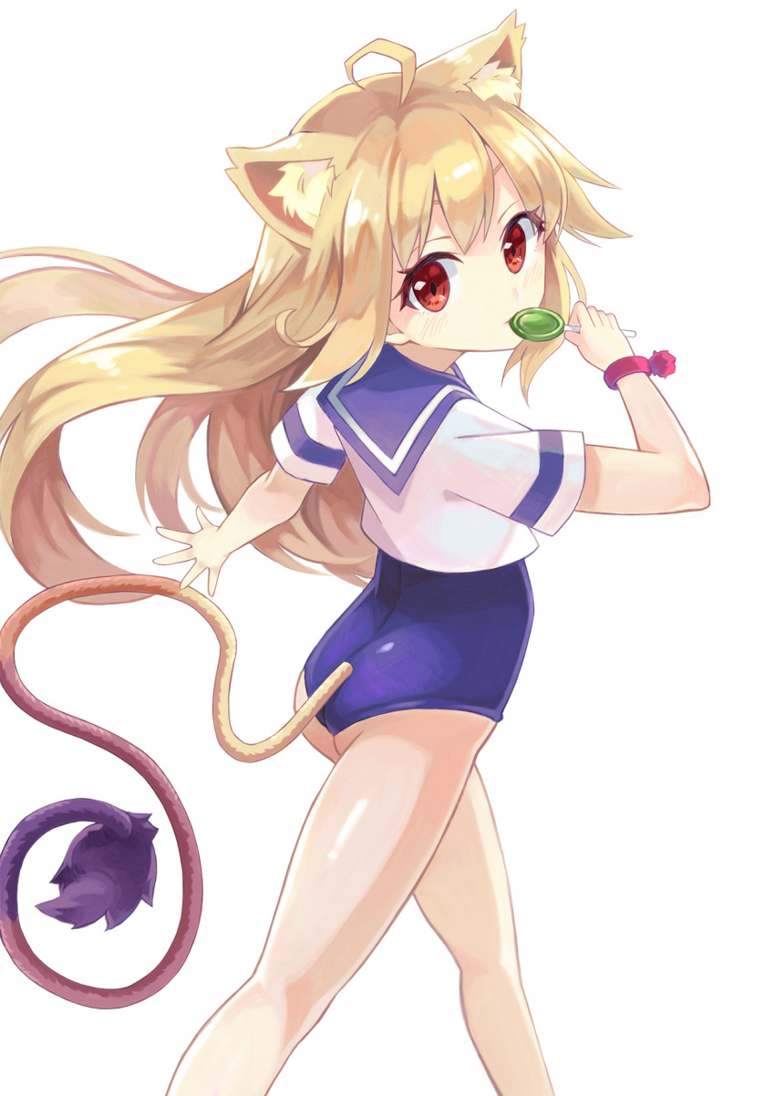1girl ahoge animal_ears ass blonde_hair candy cat_ears character_request copyright_request eating flat_ass from_behind from_side highres lion_ears lion_tail lollipop long_hair long_tail looking_back one-piece_swimsuit red_eyes school_swimsuit school_uniform serafuku shirt solo swimsuit swimsuit_under_clothes tail walking xuan_chu