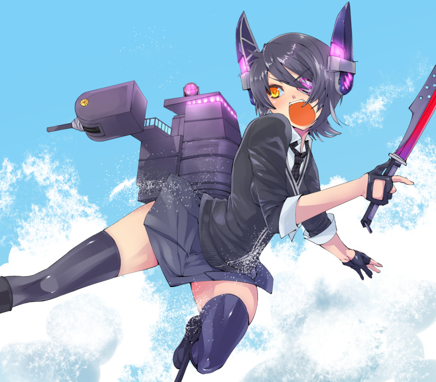 checkered checkered_necktie eyepatch gloves headgear kantai_collection kurota_(kurota) necktie partly_fingerless_gloves purple_hair school_uniform short_hair splashing sword tenryuu_(kantai_collection) thigh-highs weapon yellow_eyes