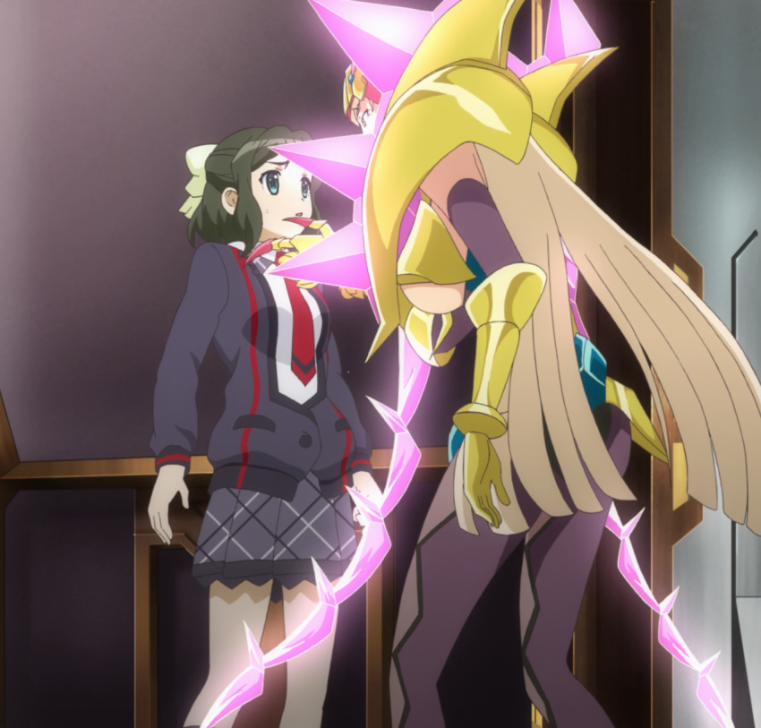 2girls arm_up armor black_jacket black_legwear blonde_hair bodysuit bow breasts claws elevator facing_another facing_away fine_(symphogear) from_behind gauntlets glowing glowing_weapon gold_armor green_eyes green_hair grey_skirt hair_bow half_updo hand_on_another's_chin headgear highres hime_cut jacket kneehighs kohinata_miku lace lace-trimmed_skirt long_hair looking_at_another multiple_girls necktie pantyhose parted_lips pauldrons plaid plaid_collar plaid_skirt pleated_skirt red_necktie school_uniform screencap senki_zesshou_symphogear shirt shoulder_spikes skin_tight skirt spikes standing stitched sweat sweatdrop under_boob underboob_cutout vambraces very_long_hair weapon whip white_bow white_shirt yellow_eyes yuri