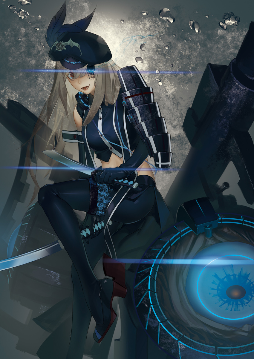 1girl armor black_gloves black_hat black_legwear black_shoes black_vest blue_eyes broken broken_sword broken_weapon buttons dark_persona dual_wielding elbow_gloves feathers full_body gloves hat headphones headphones_around_neck highres katana lens_flare lexington_(zhan_jian_shao_nyu) liyou-ryon long_hair looking_at_viewer machinery midriff one_eye_covered open_mouth pantyhose pelvic_curtain rudder_shoes shinkaisei-kan shoes shoulder_armor silver_hair solo sword thigh_strap vest weapon zhan_jian_shao_nyu