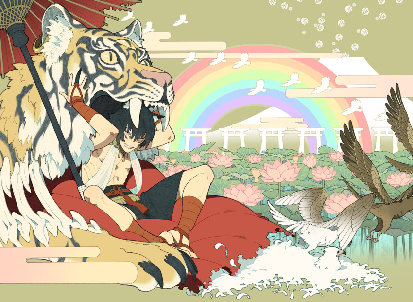 1boy animal_ears bird black_hair cat cat_ears clouds egasumi facial_mark feathers flower full_body highres honya_lala jewelry looking_at_viewer lotus male_focus necklace oriental_umbrella original rainbow single_earring sitting sky smile solo third_eye tiger torii traditional_clothes umbrella yellow_eyes