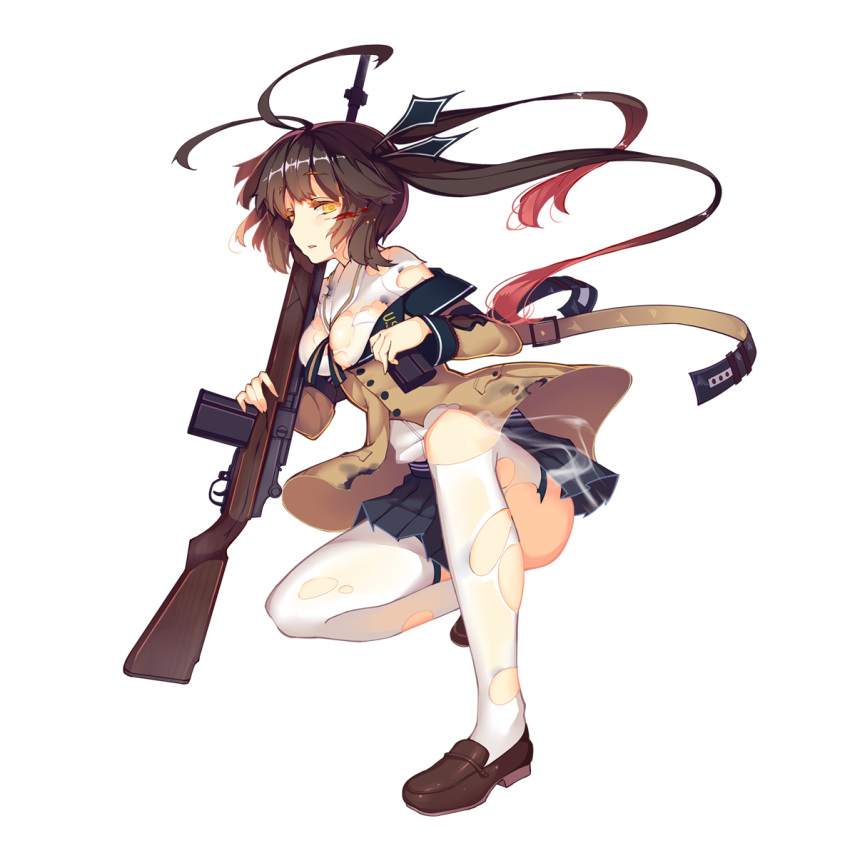 1girl battle_rifle blood breasts brown_hair girls_frontline gun highres looking_at_viewer m14 m14_(girls_frontline) medium_breasts multicolored_hair rain_lan ribbon rifle smoke solo thigh-highs torn_clothes torn_thighhighs twintails two-tone_hair weapon yellow_eyes
