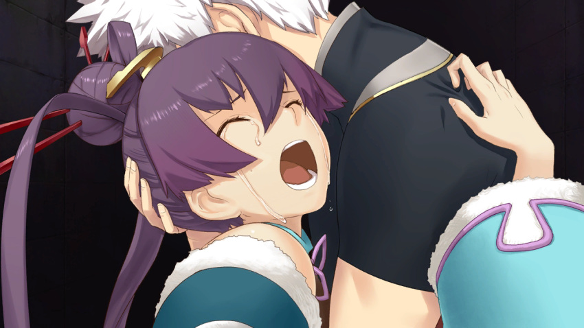1boy 1girl aoto_(ar_tonelico) ar_tonelico ar_tonelico_iii black_shirt closed_eyes crying finnel from_side game_cg hair_bun hand_on_another's_back hand_on_head long_hair nagi_ryou official_art open_mouth purple_hair shirt short_hair short_sleeves white_hair