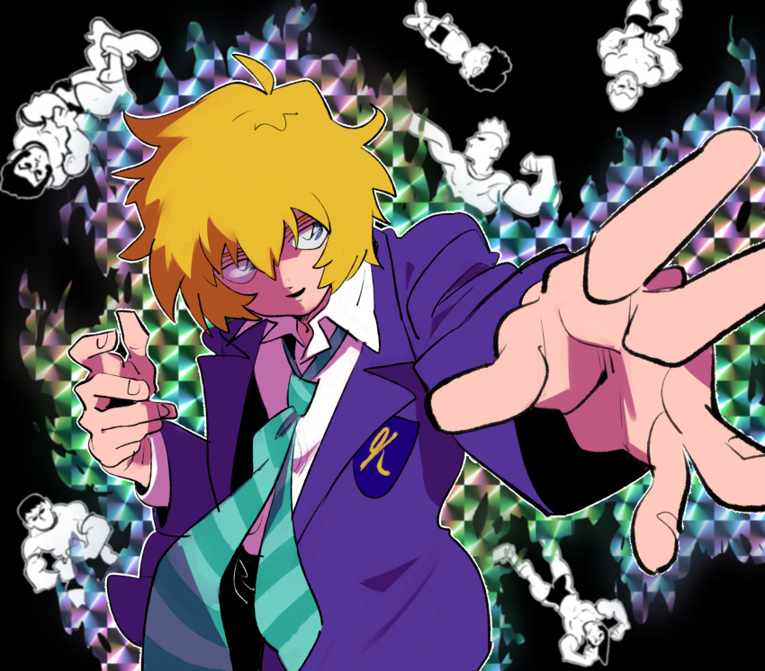 6+boys blonde_hair blue_eyes hanazawa_teruki highres jacket male_focus mob_psycho_100 mochieo multiple_boys necktie school_uniform short_hair solo_focus striped striped_necktie