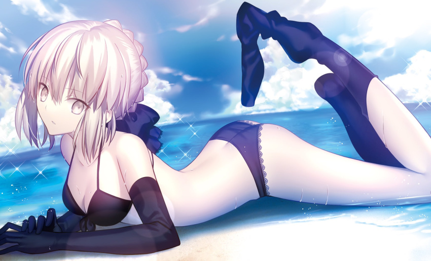 1girl ass beach bikini_top black_bikini_top black_gloves black_legwear black_panties bow breasts butt_crack cleavage elbow_gloves fate/stay_night fate_(series) front-tie_bikini front-tie_top gloves hair_bow highres lace lace-trimmed_panties lens_flare looking_at_viewer loose_thighhigh lying on_stomach pale_skin panties parted_lips platinum_blonde saber saber_alter shinooji solo sparkle sweat thigh-highs underwear