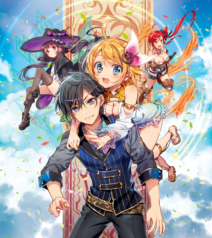&gt;:d 1boy 3girls :d ahoge black_hair black_legwear blonde_hair blue_eyes breasts brown_gloves cleavage confetti eyebrows eyebrows_visible_through_hair gloves hair_ornament hat highres holding holding_sword holding_weapon hug hug_from_behind large_breasts long_hair looking_at_viewer medium_breasts multiple_girls murakami_yuichi open_mouth original red_eyes redhead short_hair side_ponytail smile strapless sword thigh-highs twintails weapon witch_hat