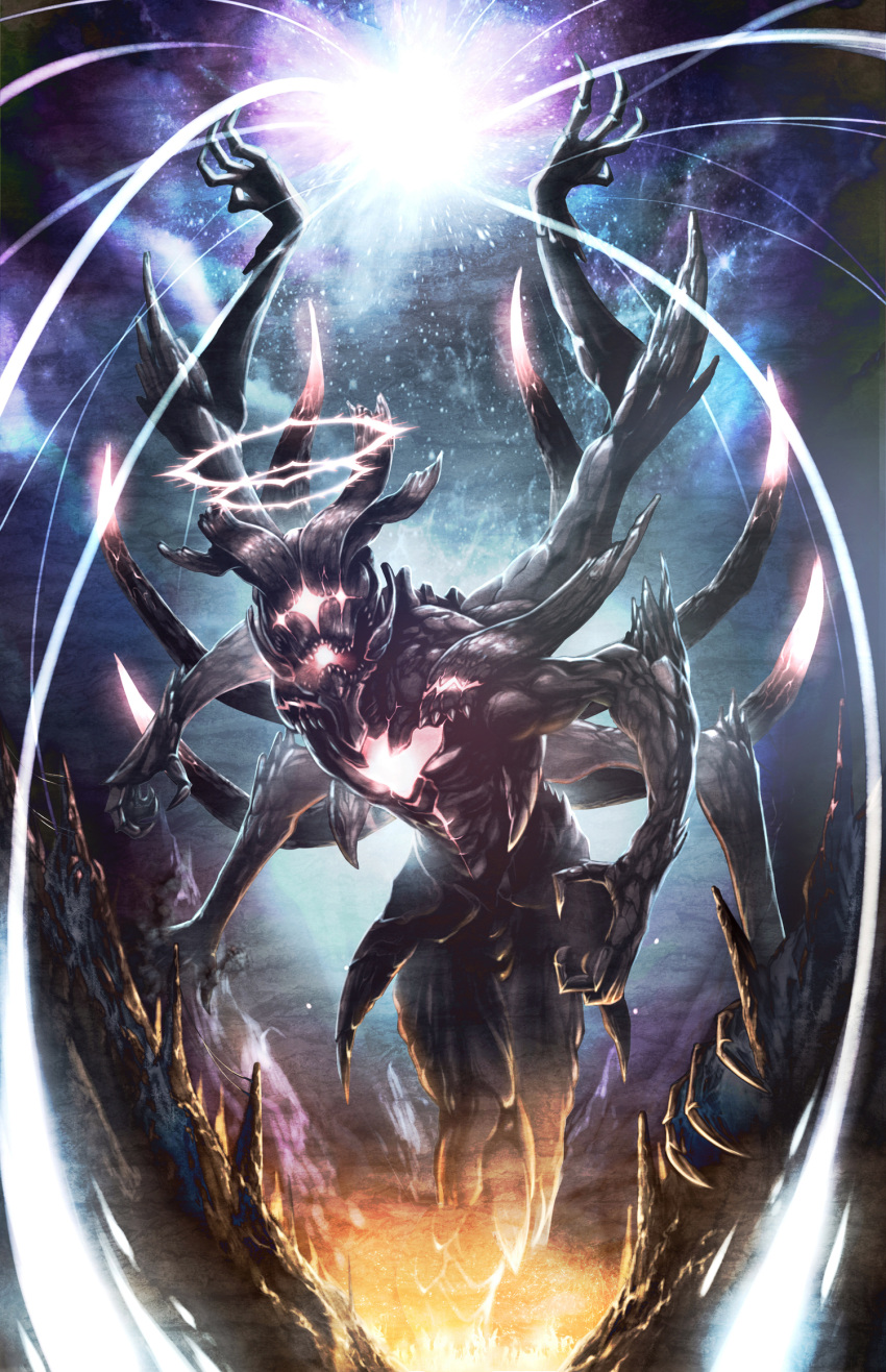 arms_up black_skin claws demon glowing halo highres kurobuchi_numama monster multiple_arms no_humans open_mouth original solo standing