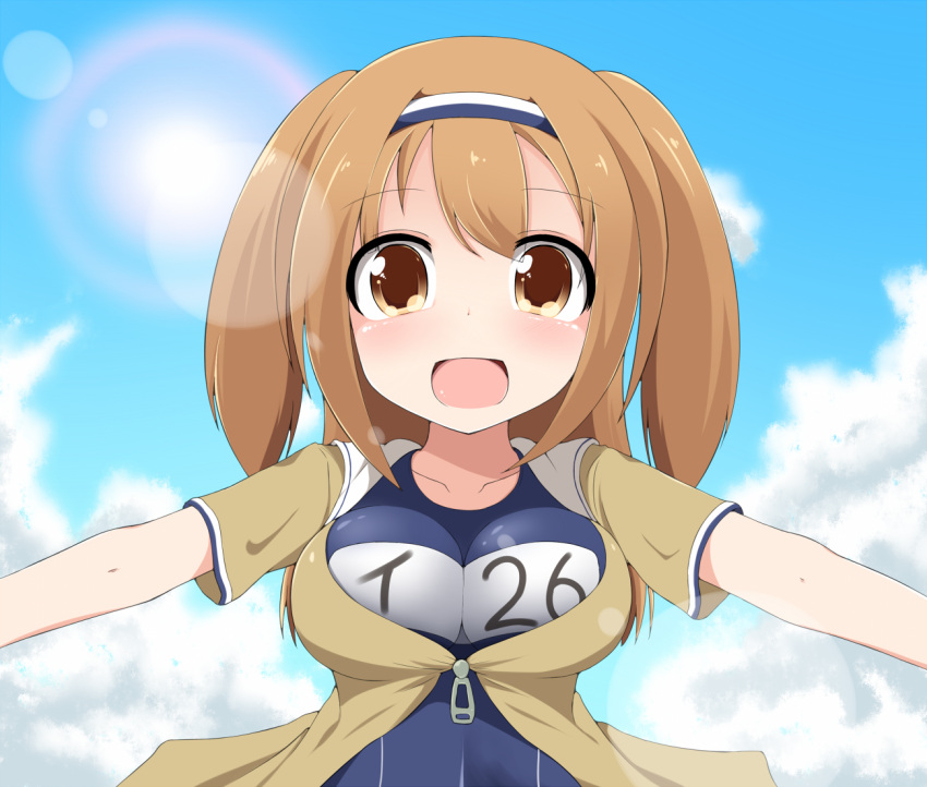 1girl blue_sky breasts clothes_writing clouds hairband i-26_(kantai_collection) kantai_collection large_breasts light_brown_eyes light_brown_hair long_hair name_tag open_clothes open_mouth outstretched_arms sailor_collar school_swimsuit short_sleeves sky smile solo sun suzu_yuuji swimsuit swimsuit_under_clothes two_side_up