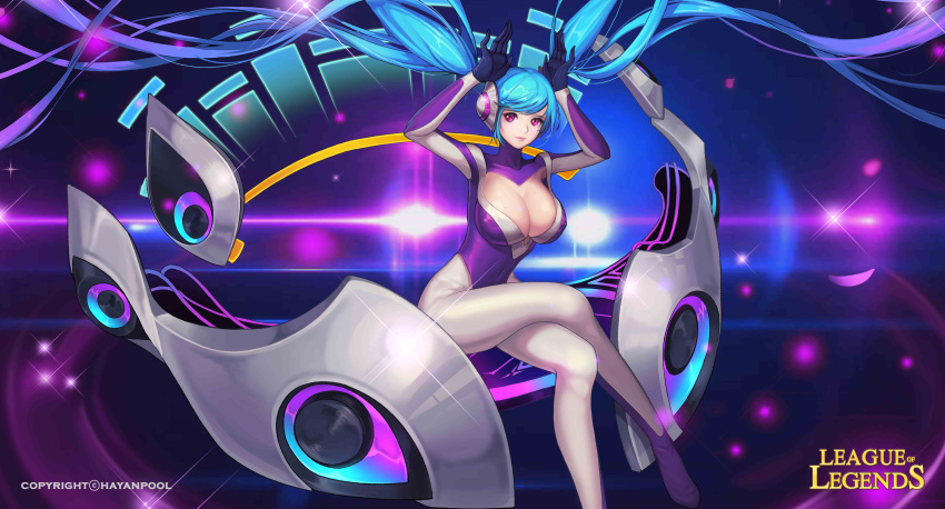 1girl absurdly_long_hair absurdres alternate_costume artist_name bangs black_gloves blue_hair bodysuit breasts bunny_pose catsuit cleavage cleavage_cutout closed_mouth collarbone copyright_name covered_navel dj_sona erect_nipples formal glint gloves gradient_hair hands_up hayanpool headgear headphones highres huge_breasts large_breasts league_of_legends legs_crossed lips long_hair long_sleeves looking_at_viewer multicolored_hair petals pink_lips purple_hair skin_tight solo sona_buvelle sparkle suit swept_bangs turtleneck twintails very_long_hair violet_eyes