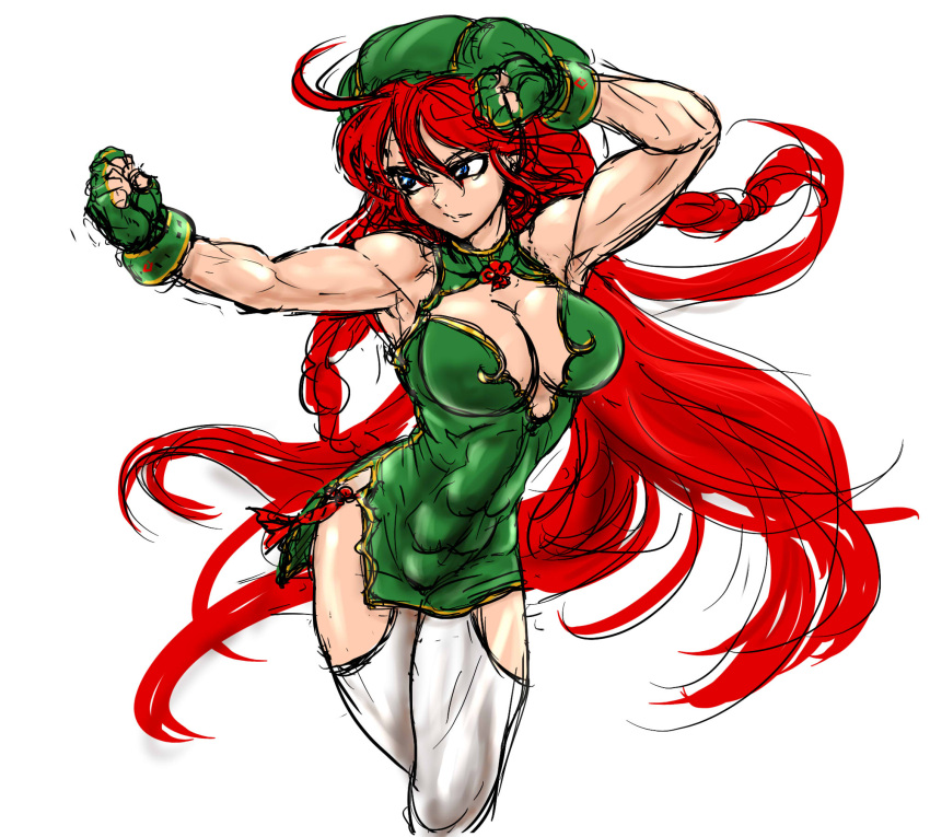 1girl abs ahoge alternate_costume blue_eyes braid breasts cleavage cleavage_cutout clenched_hands cowboy_shot dress female fingerless_gloves gloves green_gloves green_hat hat highres hips hong_meiling impossible_clothes impossible_dress ledjoker07 long_hair looking_to_the_side medium_breasts muscle pelvic_curtain redhead shiny shiny_skin short_dress simple_background sketch solo thighs touhou twin_braids very_long_hair waist white_background white_legwear