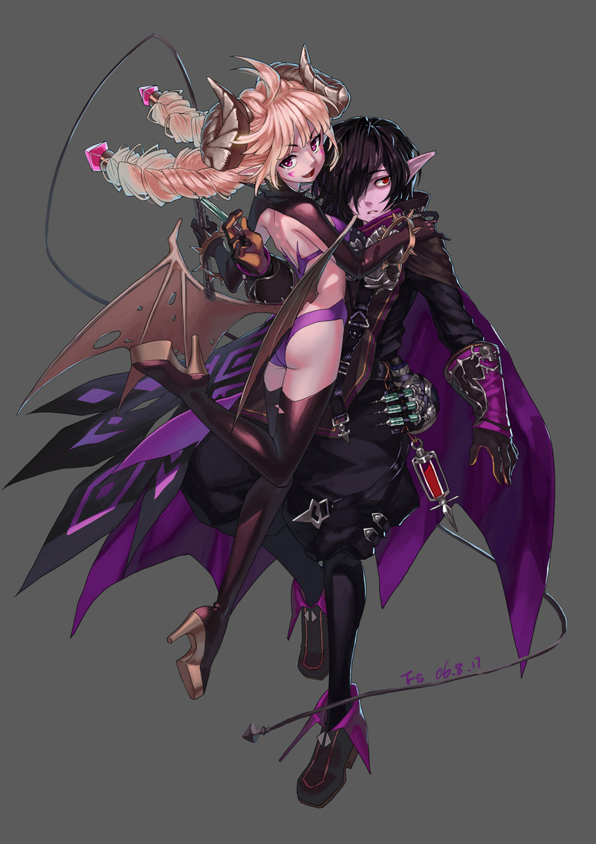 1boy 1girl :d ass bad_id bat_wings braid cape dated demon_girl deyezi dimension_walker_(dungeon_and_fighter) dungeon_and_fighter facial_mark full_body gloves highres horns long_hair looking_back looking_to_the_side male_mage_(dungeon_and_fighter) nyarly_the_forbidden open_mouth parted_lips platform_footwear platform_heels pointy_ears purple_skin red_eyes shoulder_blades simple_background smile syringe twin_braids whip wings