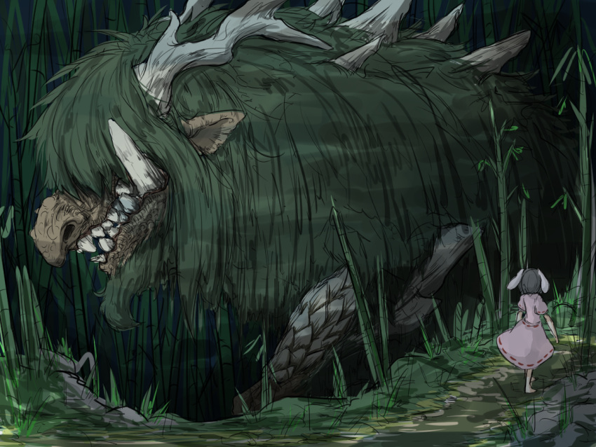 animal_ears bamboo bamboo_forest barefoot big_nose black_hair bunny_girl dress ex-keine forest fur hakutaku horns inaba_tewi kamishirasawa_keine kamishirasawa_keine_(hakutaku) kan_(aaaaari35) monster nature pink_dress pointy_ears rabbit_ears sharp_teeth short_sleeves solo_focus teeth touhou