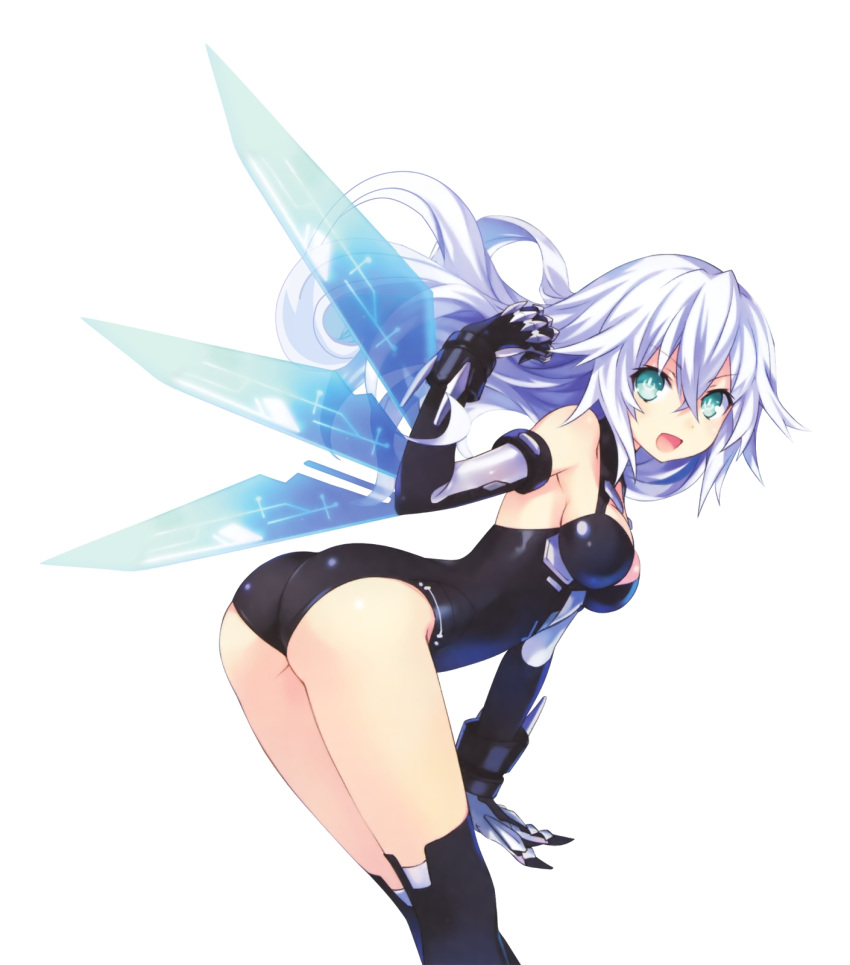 1girl :d aqua_eyes ass bangs bare_shoulders bent_over black_gloves black_heart black_legwear black_leotard bodysuit bracer breasts choujigen_game_neptune cleavage cleavage_cutout clenched_hand detached_wings elbow_gloves flat_ass floating_hair from_side gloves gradient hair_between_eyes halterneck hand_up happy highres kneepits leotard long_hair looking_at_viewer looking_back magical_girl medium_breasts neptune_(series) noire official_art open_mouth power_symbol sideboob simple_background skin_tight smile solo symbol-shaped_pupils thigh-highs transparent tsunako turtleneck white_background white_hair wings