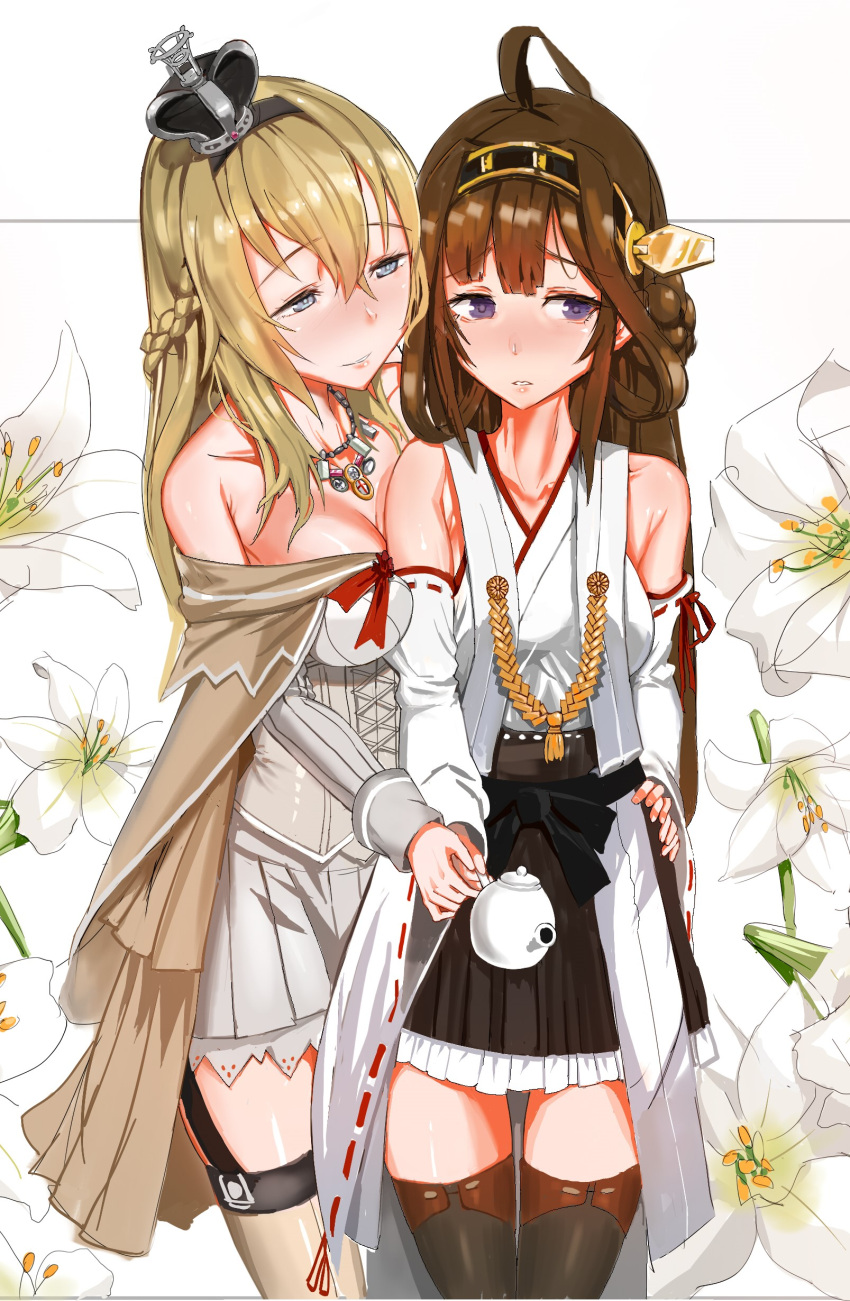 2girls absurdres ahoge aqua_eyes bare_shoulders black_legwear blonde_hair blush braid breast_press breasts brown_hair collarbone corset cowboy_shot crown detached_sleeves double_bun dress floral_background french_braid garter_straps grey_dress grey_legwear hair_between_eyes hairband hand_on_another's_hip hand_on_hip highres japanese_clothes jewelry kantai_collection kongou_(kantai_collection) large_breasts lips long_hair looking_at_another looking_to_the_side mini_crown miniskirt multiple_girls necklace nontraditional_miko off-shoulder_dress off_shoulder parted_lips shy skirt ssamjang_(misosan) teapot thigh-highs violet_eyes warspite_(kantai_collection) wide_sleeves yuri