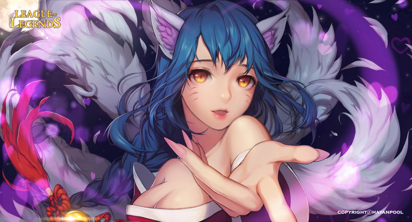 1girl ahri animal_ears artist_name bangs bare_shoulders black_hair braid breasts collarbone copyright_name detached_sleeves facial_mark fang fingernails fingers fox_ears fox_tail hands hayanpool heart highres korean_clothes large_breasts league_of_legends lips long_fingernails long_hair looking_at_viewer nail_polish open_mouth pink_lips pink_nails ponytail reaching reaching_out sharp_fingernails solo tail upper_body whisker_markings yellow_eyes