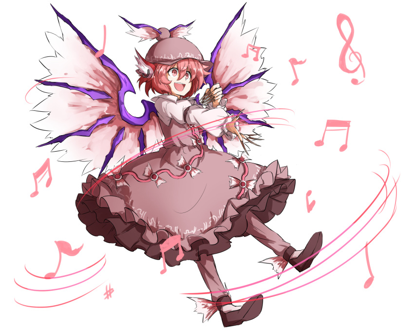 1girl :d arm_garter bird_wings black_shoes brown_dress dress ear_piercing fingernails frilled_dress frills full_body hat hat_ornament hat_wings highres jewelry juliet_sleeves kan_(aaaaari35) long_fingernails long_sleeves music musical_note mystia_lorelei open_mouth pants pants_under_dress piercing pink_eyes pink_hair puffy_sleeves quaver sharp_fingernails shoes short_hair singing single_earring smile solo touhou treble_clef white_background wings