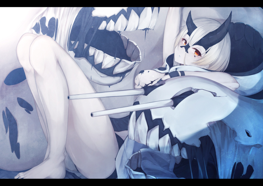 1girl asymmetrical_horns bare_legs barefoot breasts cleavage dripping gloves glowing glowing_eyes heavy_cruiser_hime highres hood horns kantai_collection leaning_back long_hair looking_at_viewer no_legwear open_mouth rerrere saliva shinkaisei-kan solo teeth turret white_hair white_skin yellow_eyes