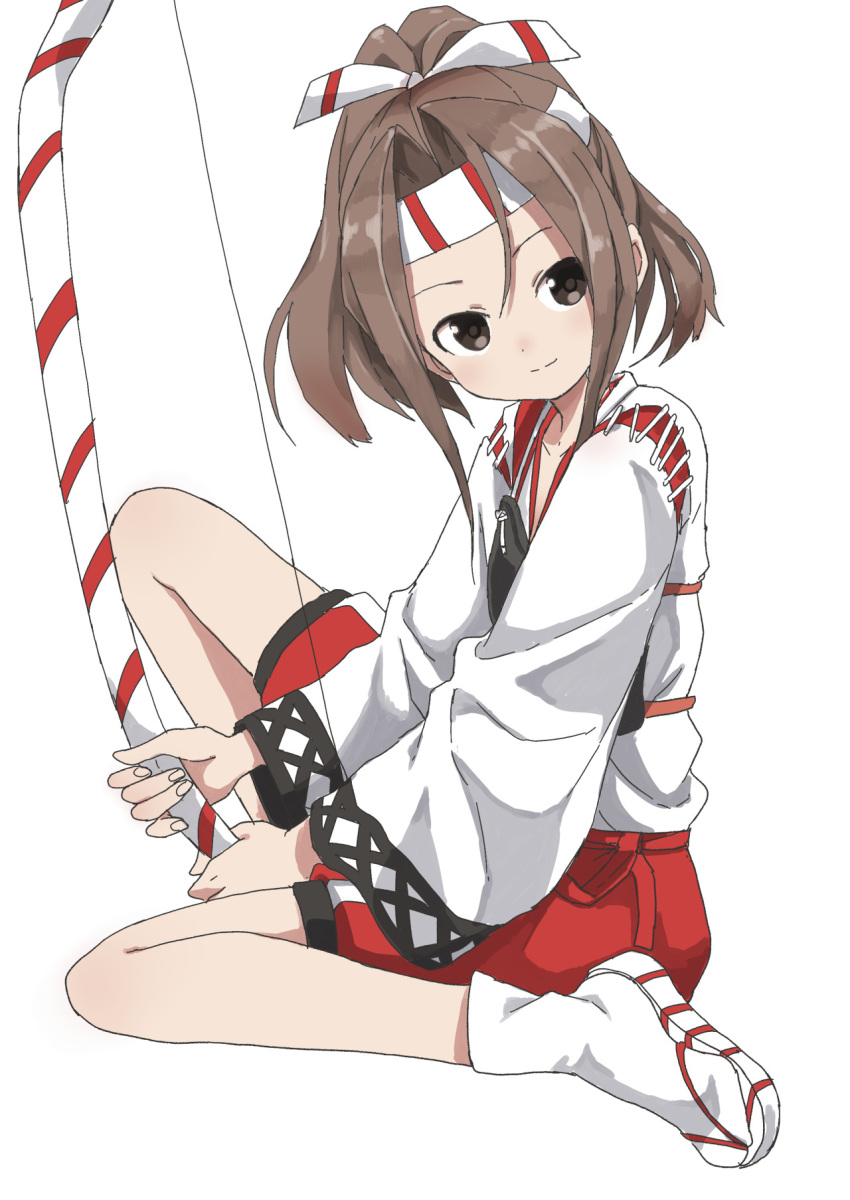 1girl bow_(weapon) brown_eyes brown_hair closed_mouth collarbone fingernails from_side geta headband highres holding holding_weapon kantai_collection long_sleeves looking_at_viewer looking_to_the_side muneate ponytail red_skirt sandals short_hair skirt smile socks tabi weapon white_legwear wide_sleeves yamamoto_souichirou zuihou_(kantai_collection)