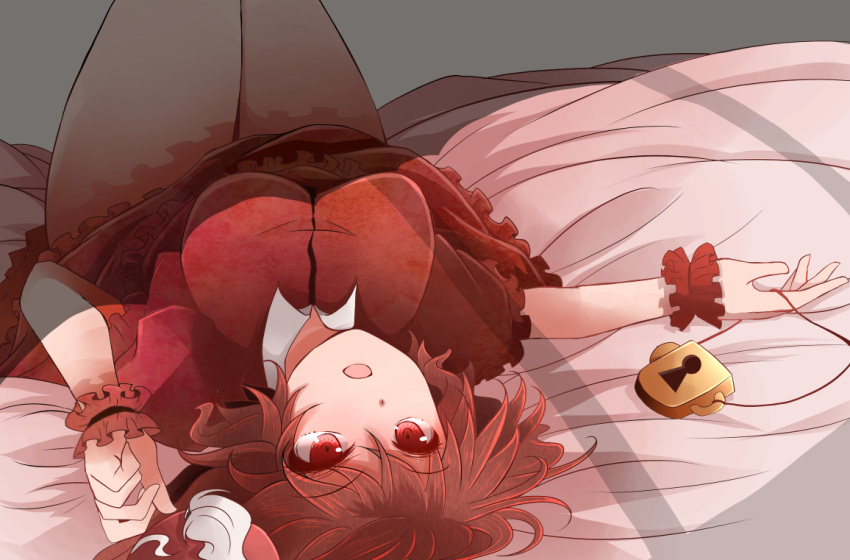 1girl arano_oki breasts curvy dress hat hat_removed headwear_removed kawashiro_mitori knees_up large_breasts lock looking_at_viewer lying on_back on_bed open_mouth original padlock puffy_short_sleeves puffy_sleeves red_dress red_eyes redhead short_hair short_sleeves solo thick_thighs touhou upside-down wide_hips wrist_cuffs