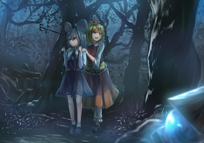 2girls anger_vein animal_ears bishamonten's_pagoda black_dress black_shoes blonde_hair blurry borushichi capelet crying crying_with_eyes_open depth_of_field dowsing_rod dress forest full_body grey_hair hair_ornament hands_on_another's_shoulders jewelry long_sleeves mouse_ears multiple_girls nature nazrin pendant red_dress red_eyes scared shoes short_hair socks tears tiger_print toramaru_shou touhou white_legwear wide_sleeves yellow_eyes