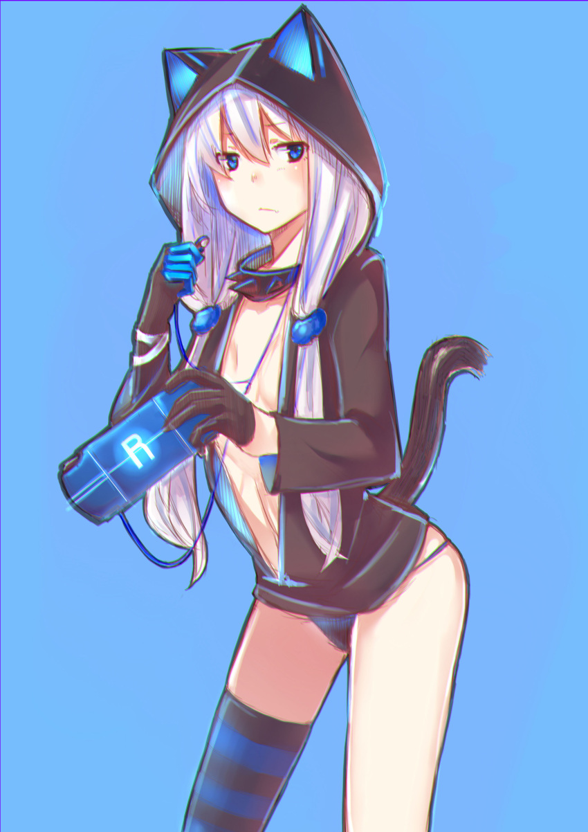 1girl absurdres animal_hood bangs black_panties blue_background blue_eyes cat_hood cat_tail collar earphones elbow_gloves gloves handheld_game_console highres hood hoodie long_hair looking_to_the_side low_twintails mismatched_gloves naked_hoodie open_clothes open_hoodie pachina_(zhan_jian_shao_nyu) panties silver_hair single_thighhigh sketch solo spiked_collar spikes striped striped_legwear tail thigh-highs twintails underwear yan_wen_zi zhan_jian_shao_nyu
