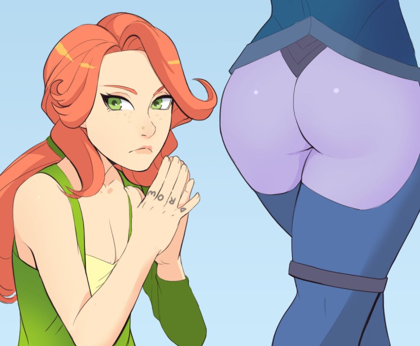 2girls ass bare_shoulders blue_background blue_legwear blue_skin breasts cleavage defense_of_the_ancients dota_2 green_eyes greenmarine looking_at_viewer lyralei meme multiple_girls nose_piercing piercing purple_skin redhead simple_background small_breasts thigh-highs traxex
