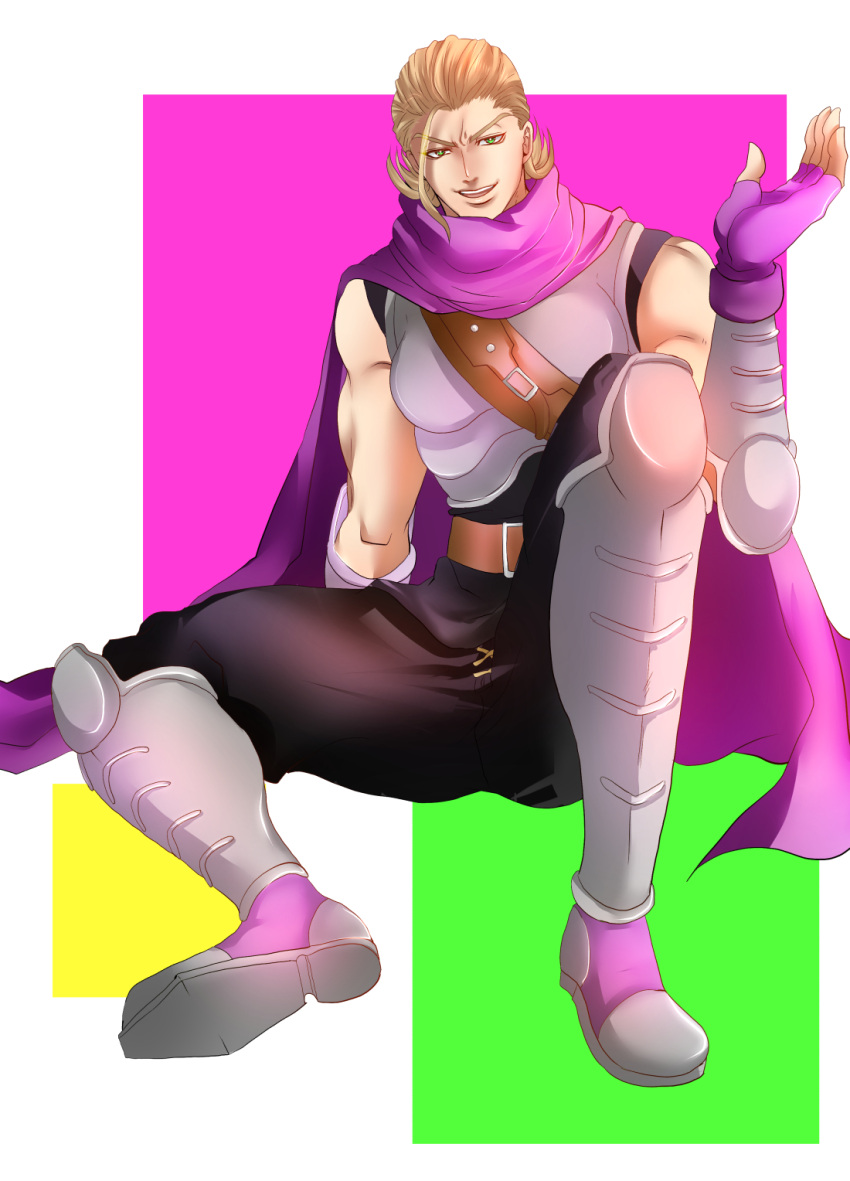 1boy armor armored_boots blonde_hair boots cape ceser dragon_quest dragon_quest_heroes dragon_quest_heroes_ii fingerless_gloves gloves green_eyes highres open_mouth oururi33 sitting solo teeth white_background