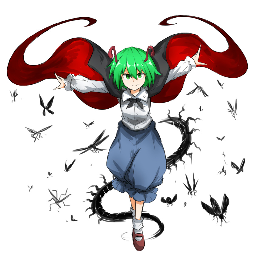 &gt;:) 1girl antennae black_cape blue_pants bobby_socks brown_shoes butterfly centipede dragonfly dress_shirt fireflies full_body green_eyes green_hair highres insect juliet_sleeves kan_(aaaaari35) long_sleeves looking_at_viewer mary_janes matching_hair/eyes outstretched_arms pants puffy_sleeves shirt shoes short_hair silhouette socks solo spread_arms touhou white_background white_legwear white_shirt wriggle_nightbug